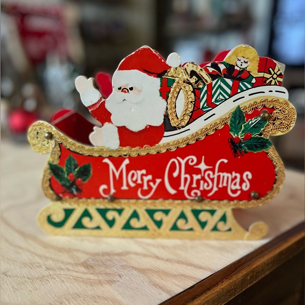 Vintage cardboard Santa In Sleigh 🛷 🎅🏼